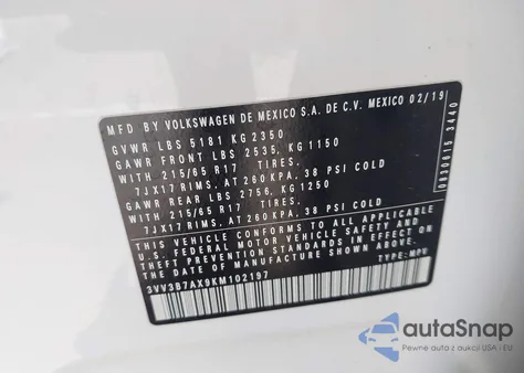 2019 Volkswagen Tiguan 2.0T Se/2.0T Sel/2.0T Sel R-Line/2.0T Sel R-Line Black из США, поврежденный, VIN 3VV3B7AX9KM102197